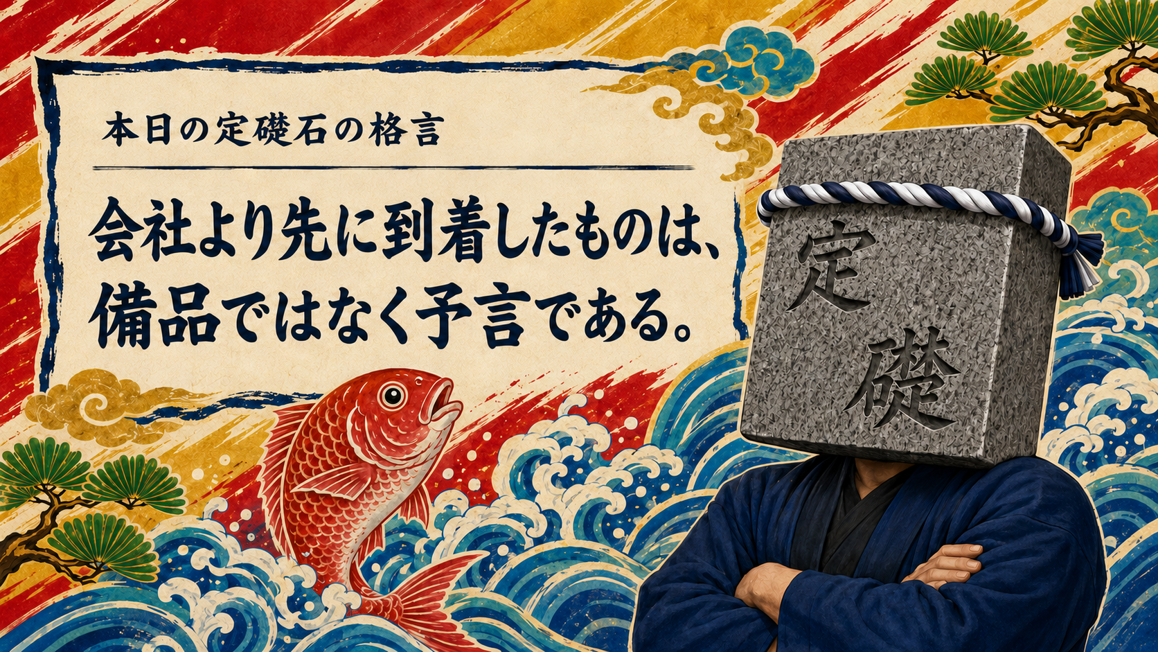 本日の定礎石の格言。会社より先に到着したものは、備品ではなく予言である。腕組みした定礎石を囲む、斜線と波が鮮やかな横長の大漁旗風和柄