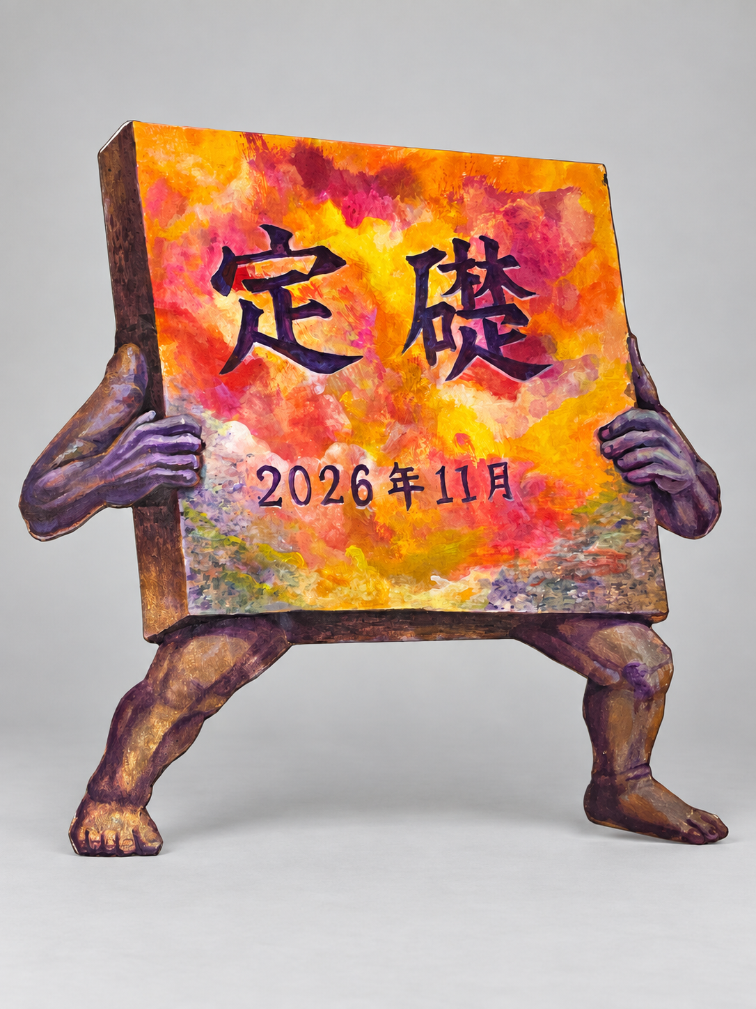 黄・橙・桃色に彩られた、手足のある《定礎石》の設置イメージ。定礎、2026年11月の文字がある。実物写真をもとに背景と設置イメージを編集。
