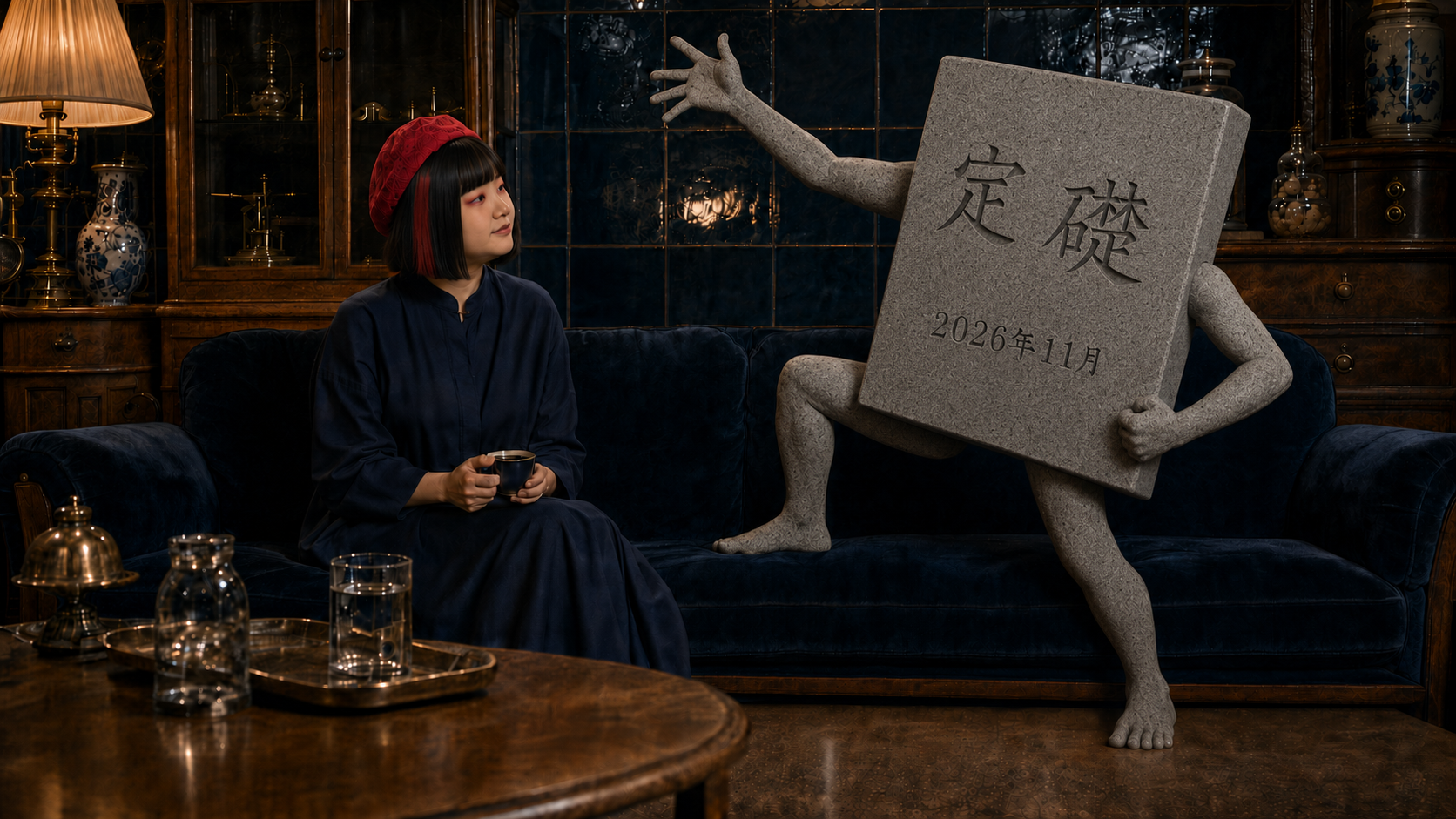 藍色タイルのレトロな応接室で、渡邉帆南美と顔のない定礎石が対談している