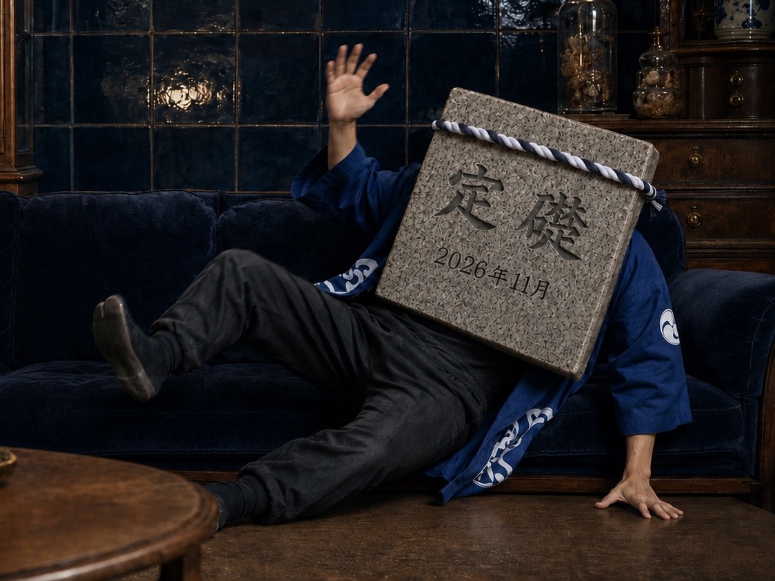 青い法被姿の顔のない定礎石が、驚いて濃紺のソファーから転げ落ちる