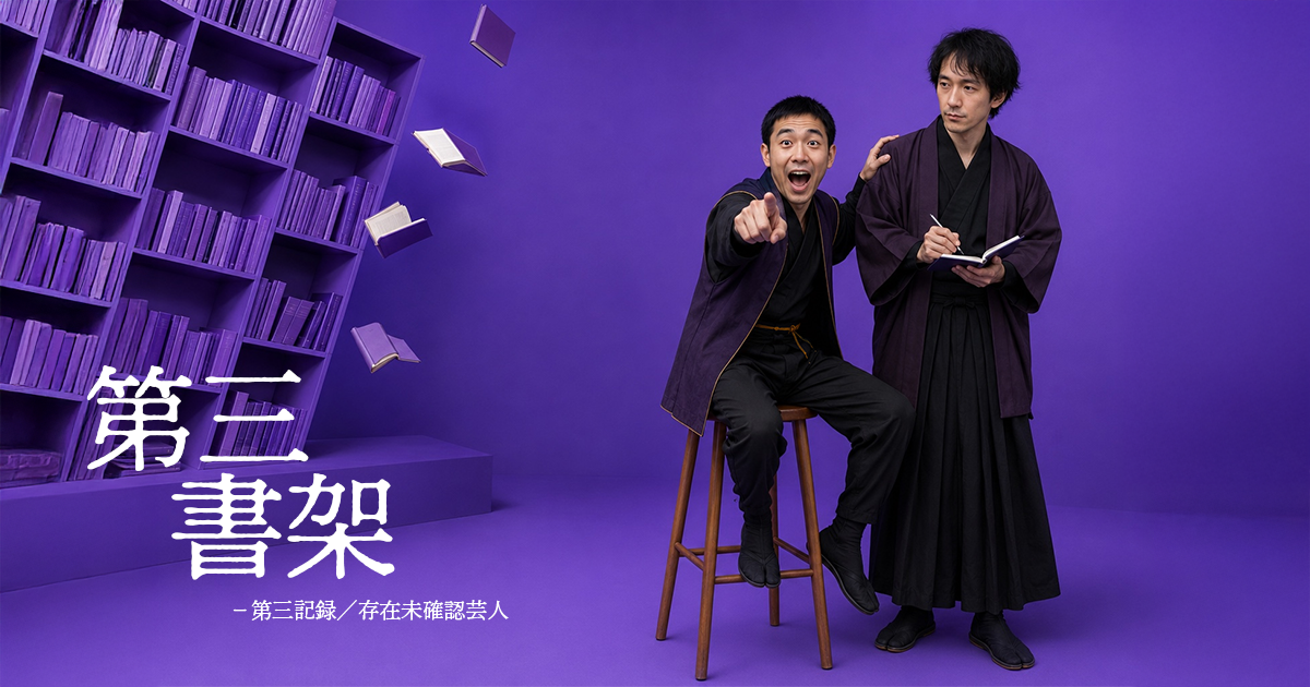 紫色の書架を背景に立つ、第三書架の国原ボム也と芥川理由之介